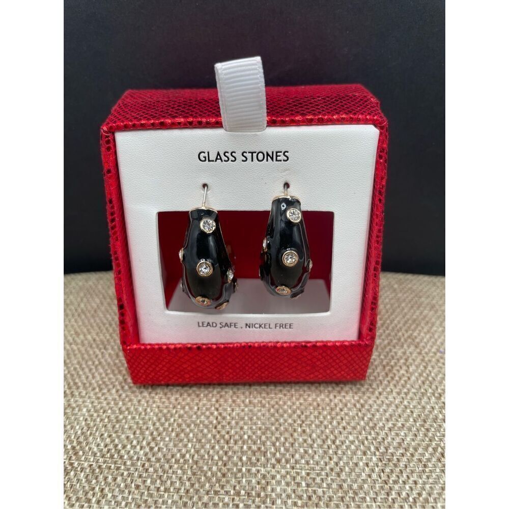 House of Harlow Black Enamel & White Crystal Polka Dot Puffy Hoop 1.5” Earrings